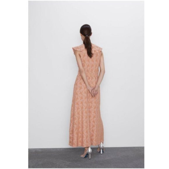 Zara Peach Floral Jacquard Ruffle Sleeve Whimsigoth Hi-Lo Maxi Dress Sz. M - Picture 2 of 12